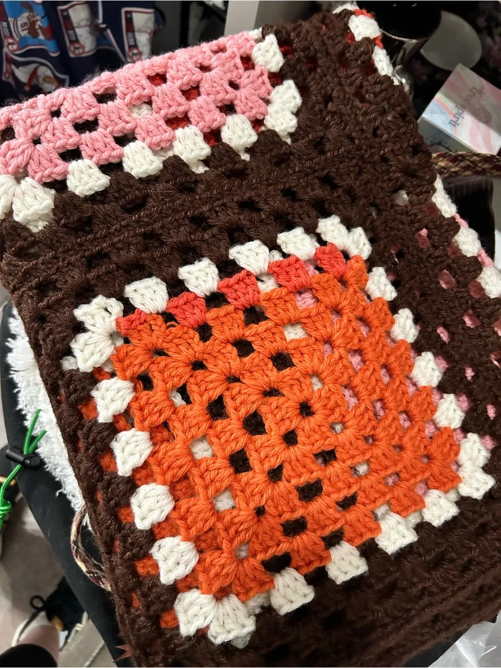Handmade Brown Crochet Granny Square Throw with Pink, Orange & Cream